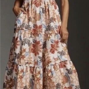 Anthropologie Cream Maxi Dress with Rust and Blue Floral Print
